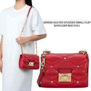 New! Michael Kors SM Flap XBody Serena Chili Quilted Stud Chain Mini Crossbody